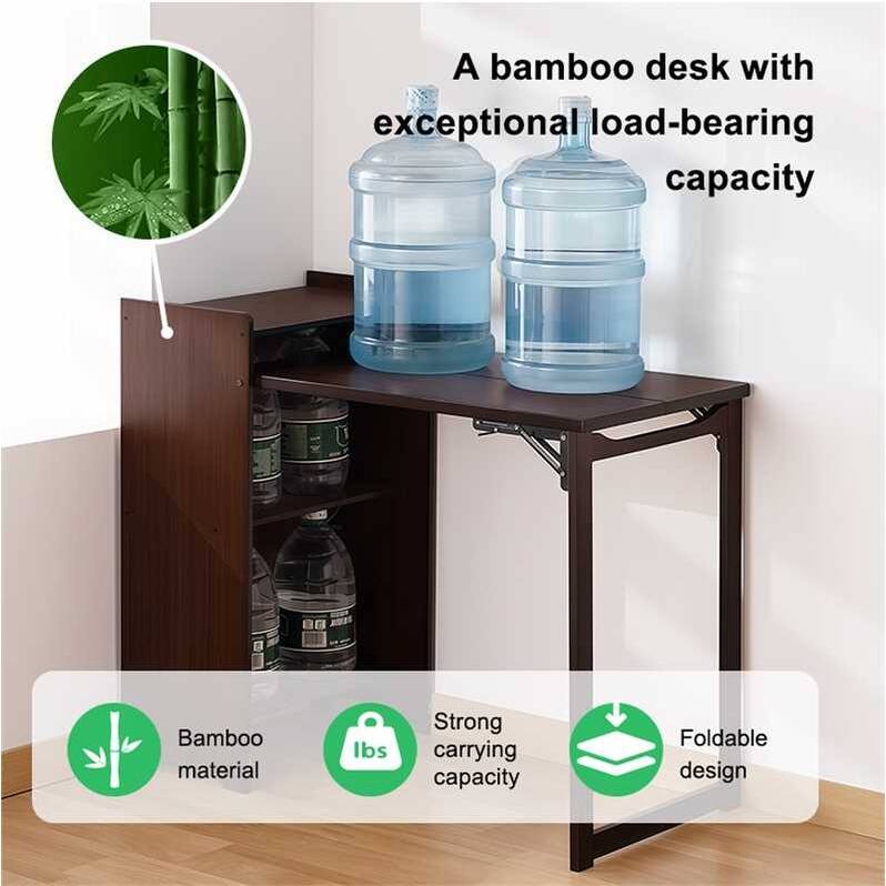Bamboo Folding Desk with Built-in Socket & Hidden Storage, Foldable Computer Table for Small Spaces