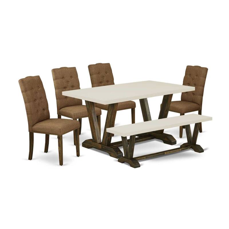 HomeStock 6-Pc Rectangle Distressed Jacobean Finish Solid Wood Top Dining Table with 1-Bench, 4-Chairs
