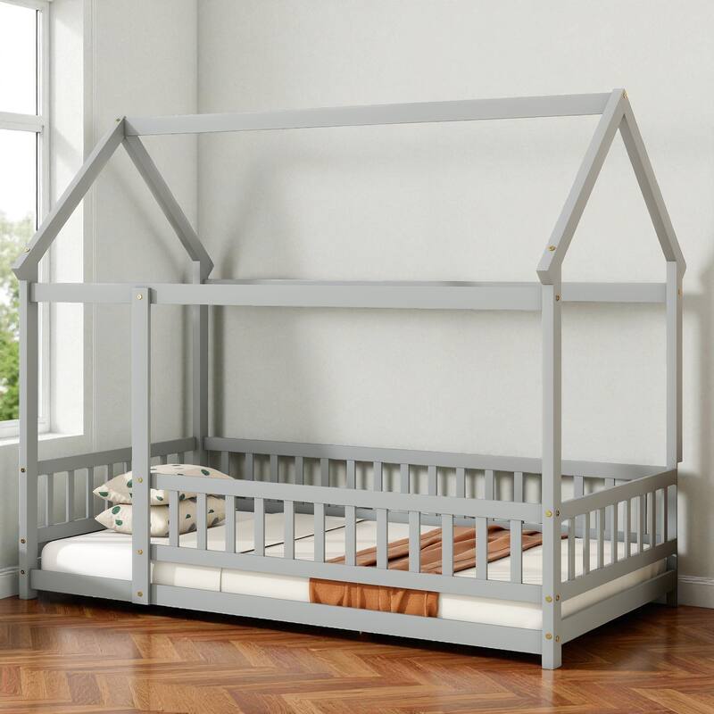 Twin Size Wooden House Floor Bed with Roof Frame and Safety Guardrails, Solid Rubber Wood Montessori Bed for Kids - Grey - Twin