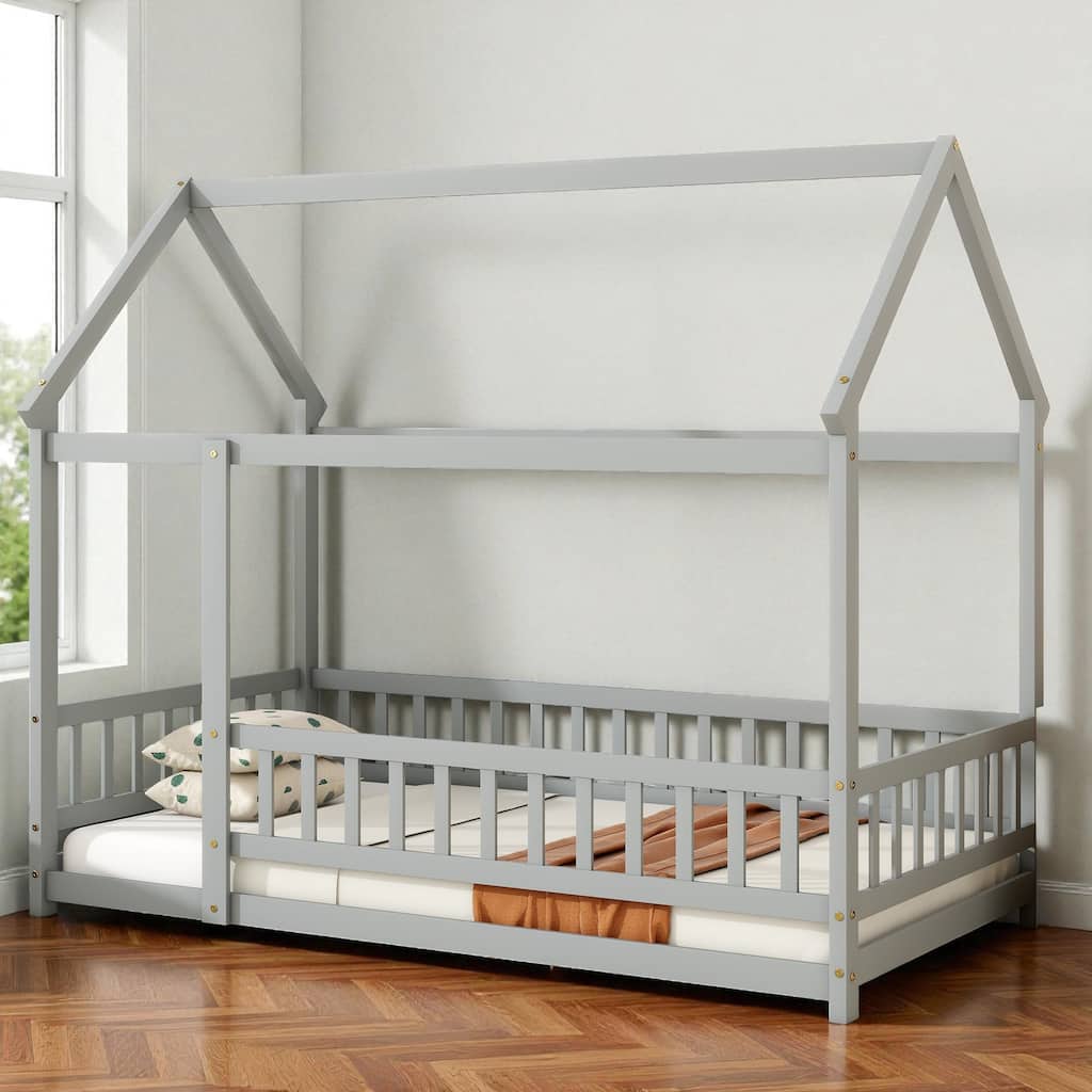 Twin Size Wooden House Floor Bed with Roof Frame and Safety Guardrails, Solid Rubber Wood Montessori Bed for Kids