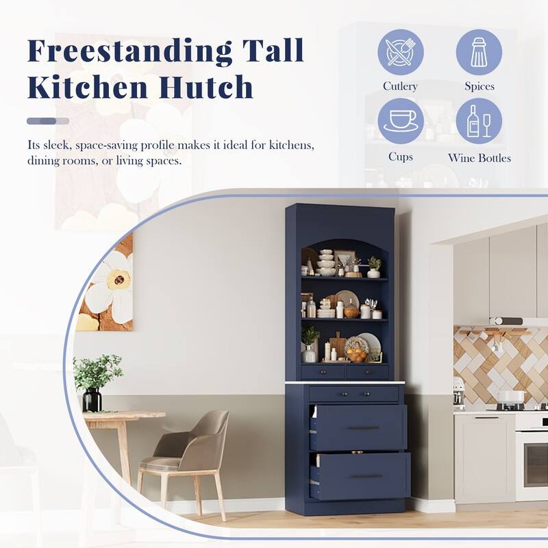 Kitchen Pantry with Countertop, Tall Freestanding Storage Cabinet with 5 Storage Drawers & Adjustable Shelf