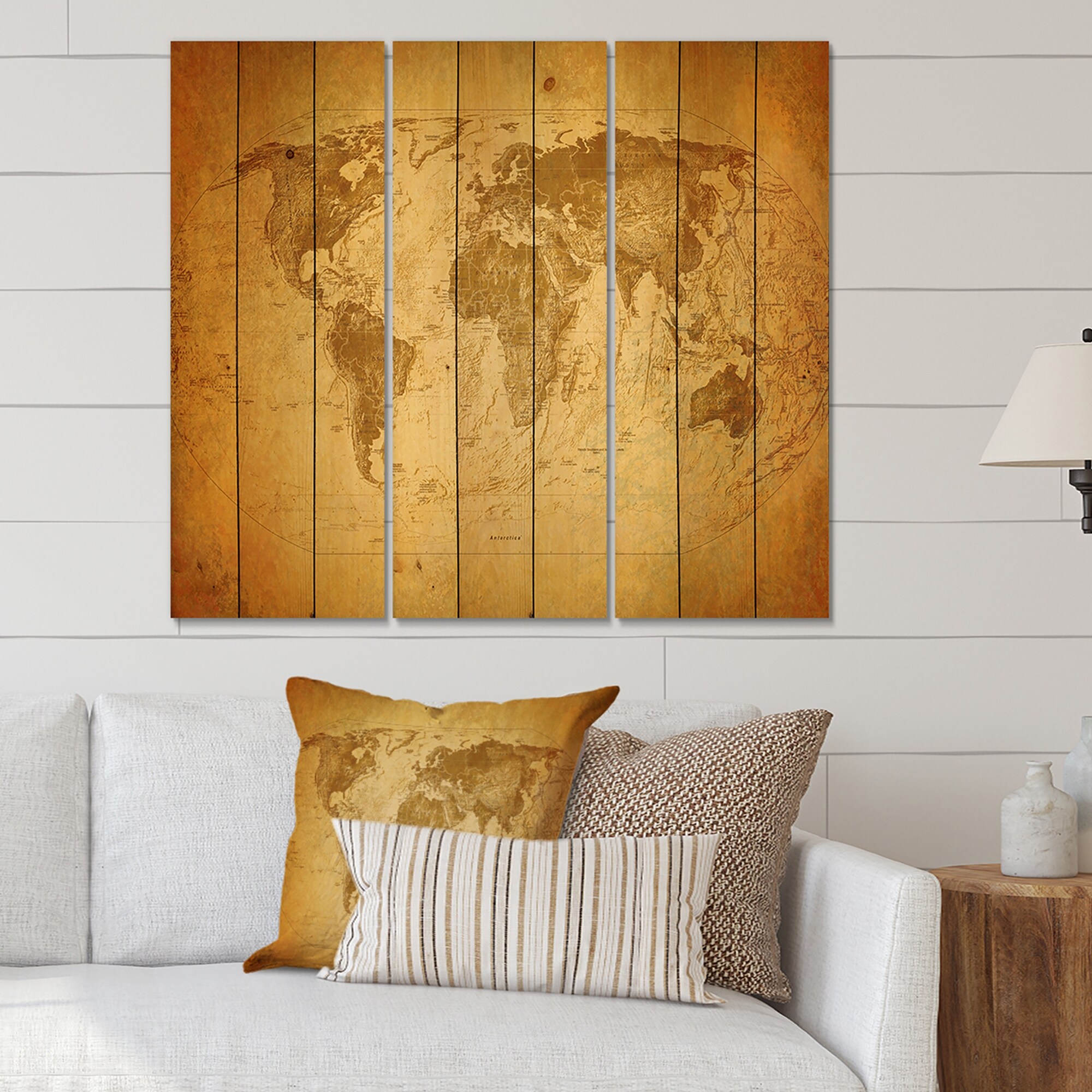 Designart 'Ancient Map of The World X' Vintage Print on Natural Pine Wood - 3-image