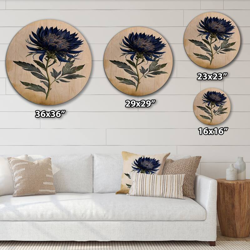 Designart "Blossoming Blue Retro Flower II" Floral Wood Wall Art - Natural Pine Wood