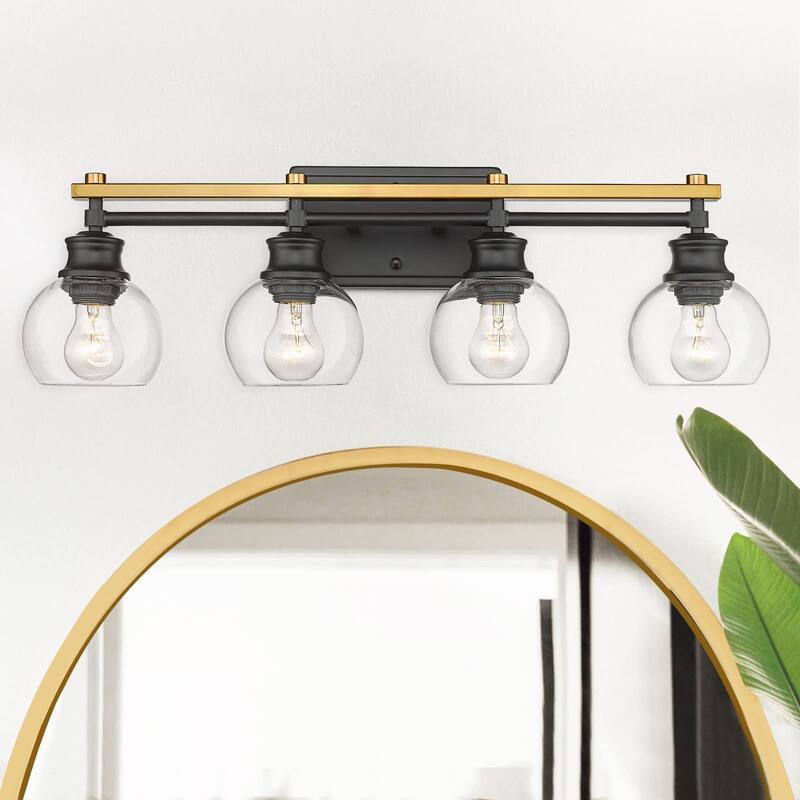 3-Light Modern Bathroom Vanity Light with Clear Globe Glass Shade,Black and Gold Finish - 4 Light
