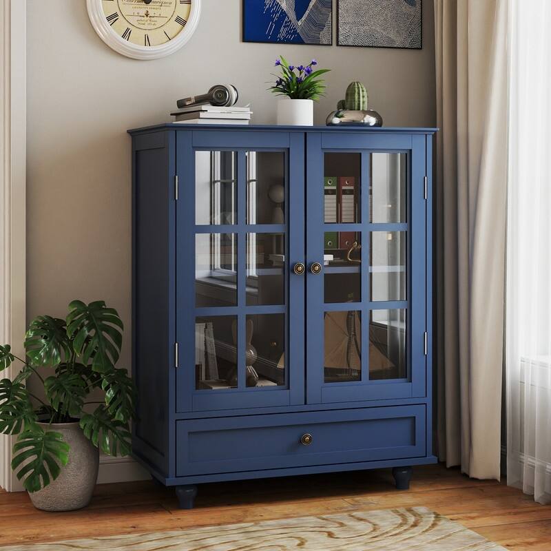Modern Buffet Cabinet with Adjustable Shelves and Display Glass Doors for Versatile Living Room Storage - Blue