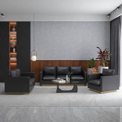3-Piece Executive Leather Sofa Set with Brushed Gold Stainless Steel Base