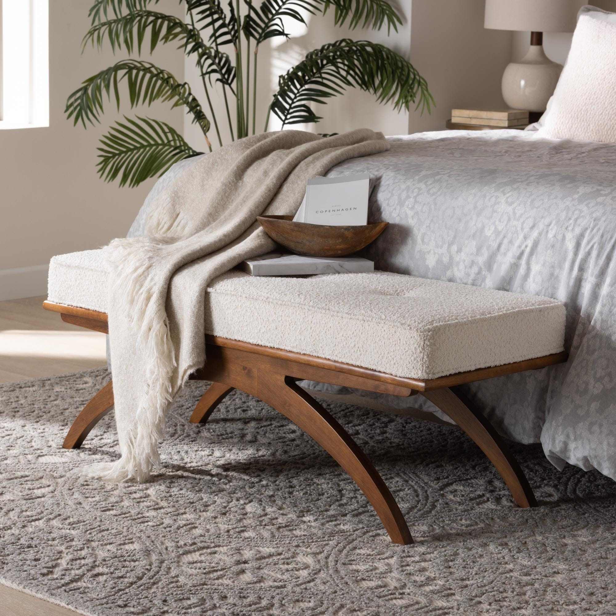 Orella Japandi Cream Boucle Fabric and Walnut Brown Finished Wood Bench