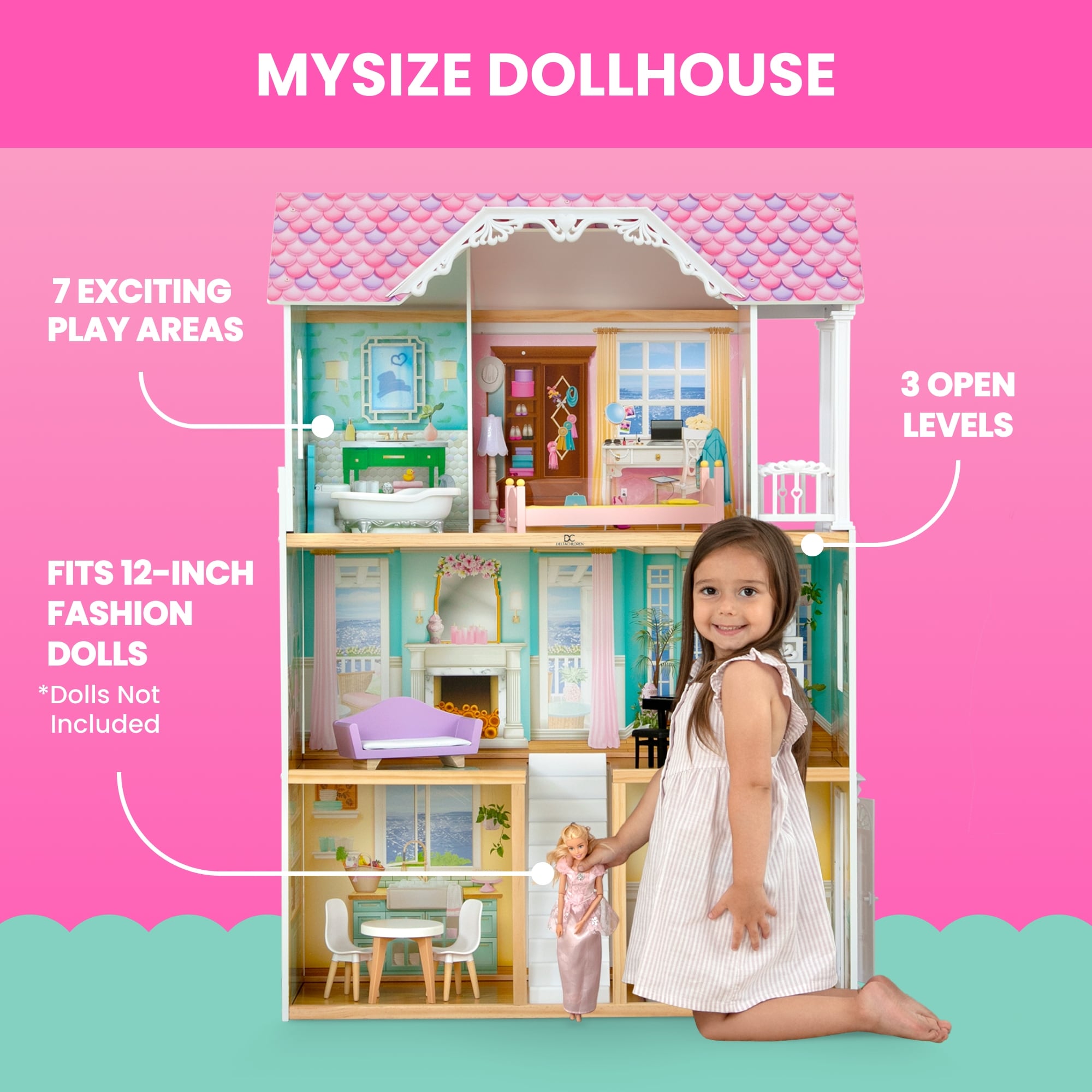 MySize Dollhouse - Large 3-Story Dollhouse with 7 Rooms - On Sale