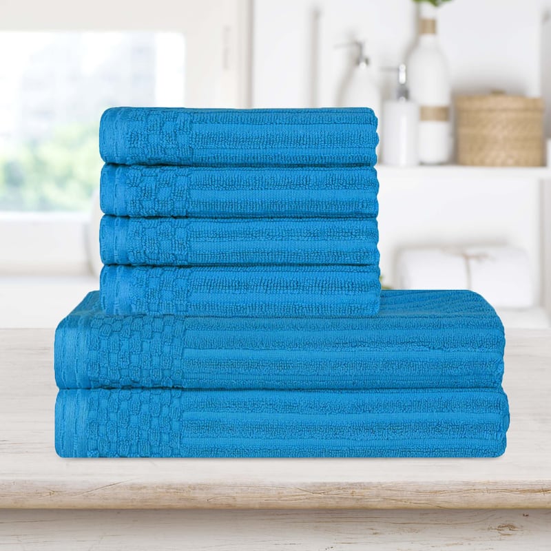 Superior Ribbed Cotton Absorbent Heavyweight Hand Towel and Bath Towel Set - Azure