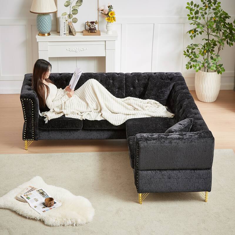 Black 81.5'' L-Shaped 5-Seater Chenille Sectional Sofa with 3 Cushions, Stylish Corner Couch for Living Room, Bedroom