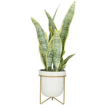 Faux Foliage Artificial Plant with Realistic Leaves and White Porcelain Pot and Gold Stand - Green - Roche River Decor