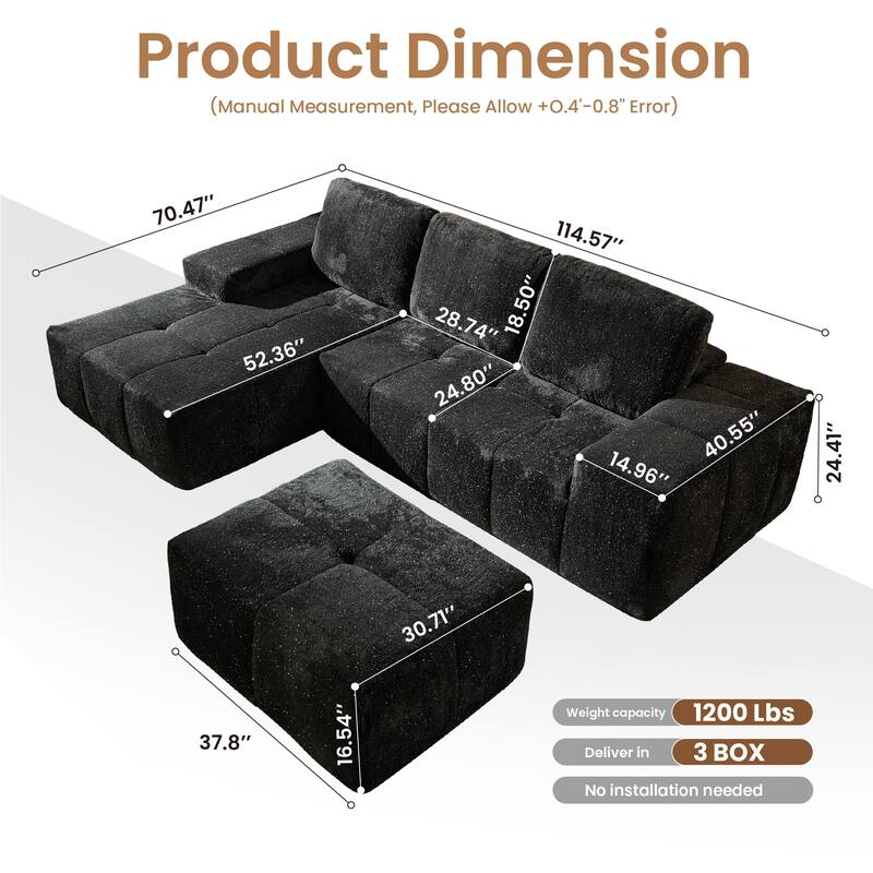 HOOOWOOO Modern Sparkly Velvet Fabric Chaise Sofa Couch with Ottoman