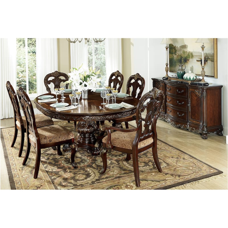 Shelby Cherry Traditional Fabric Oval Double Pedestal Dining Room Set - 8-Piece Sets