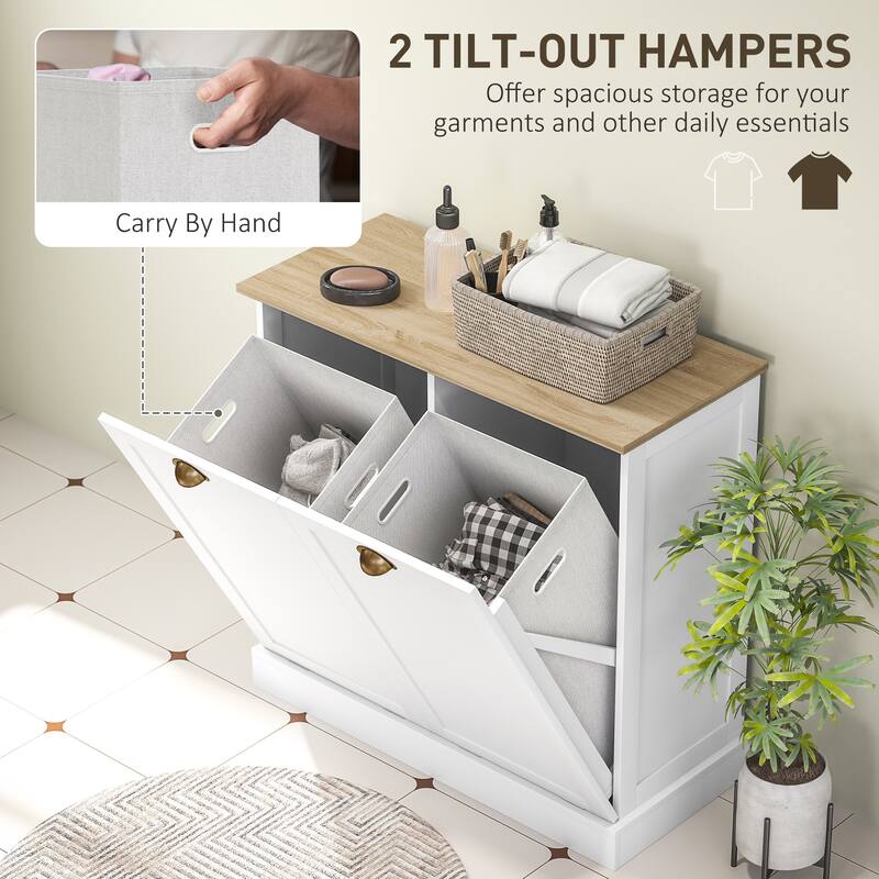 White Dual Tilt Out Laundry Hamper Cabinet with Removable Baskets Shaker Style - 32.7" W x 14.4" D x 31.5" H