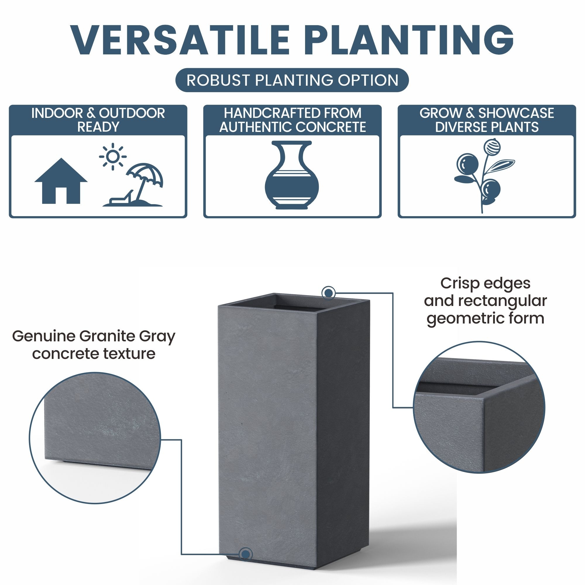 Tall Concrete Rectangle Plant Boxes for Indoors & Outdoors