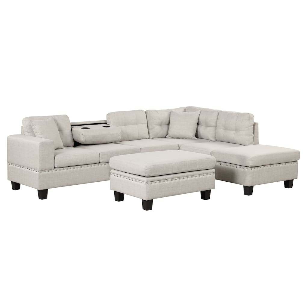105.1" Velvet L-Shaped Sectional Sofa with Ottoman & Cup Holders