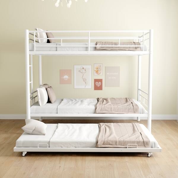 slide 2 of 15, White Twin over Twin Size Metal Heavy-duty Bunk Bed with Noise Reduced, Safety Guardrail White