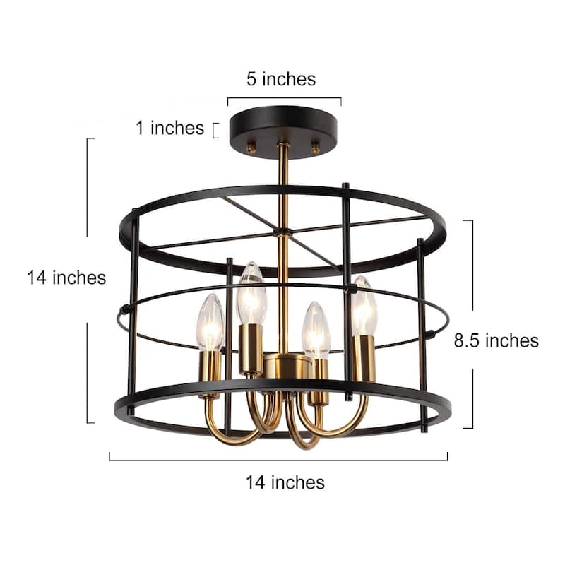 Modern 4-Light Black Gold Drum Semi Flush Mount Foyer Kitchen Ceiling Lights