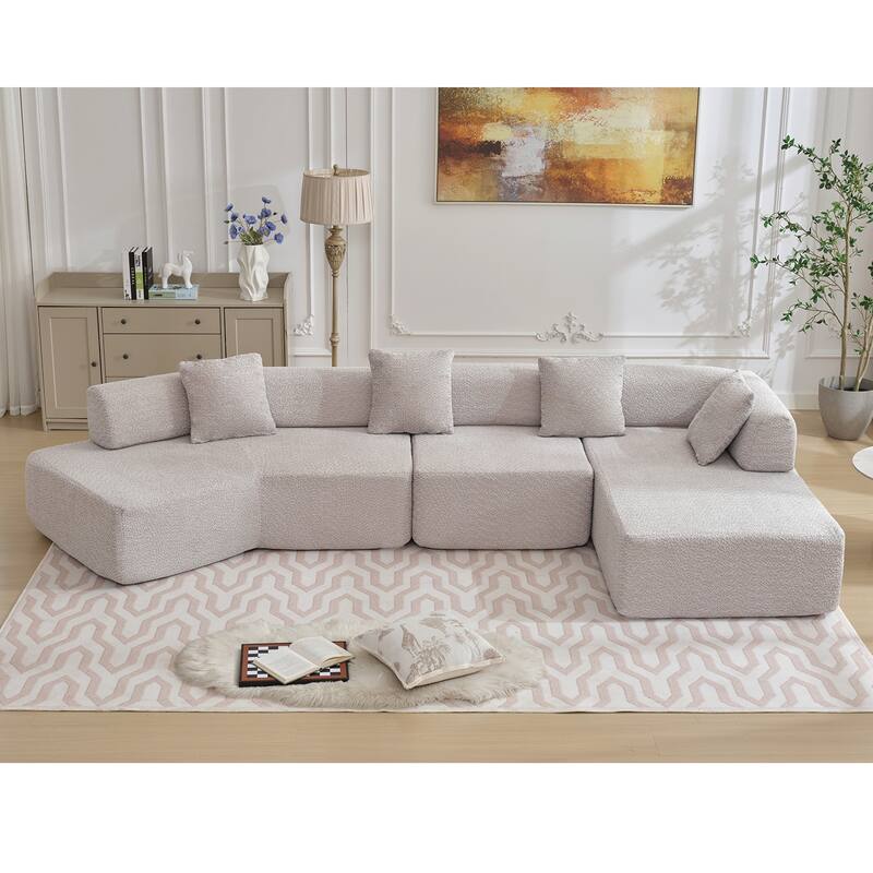 140" L-Shape Boucle Modular Sectional Sofa with Chaise and 4 Pillows