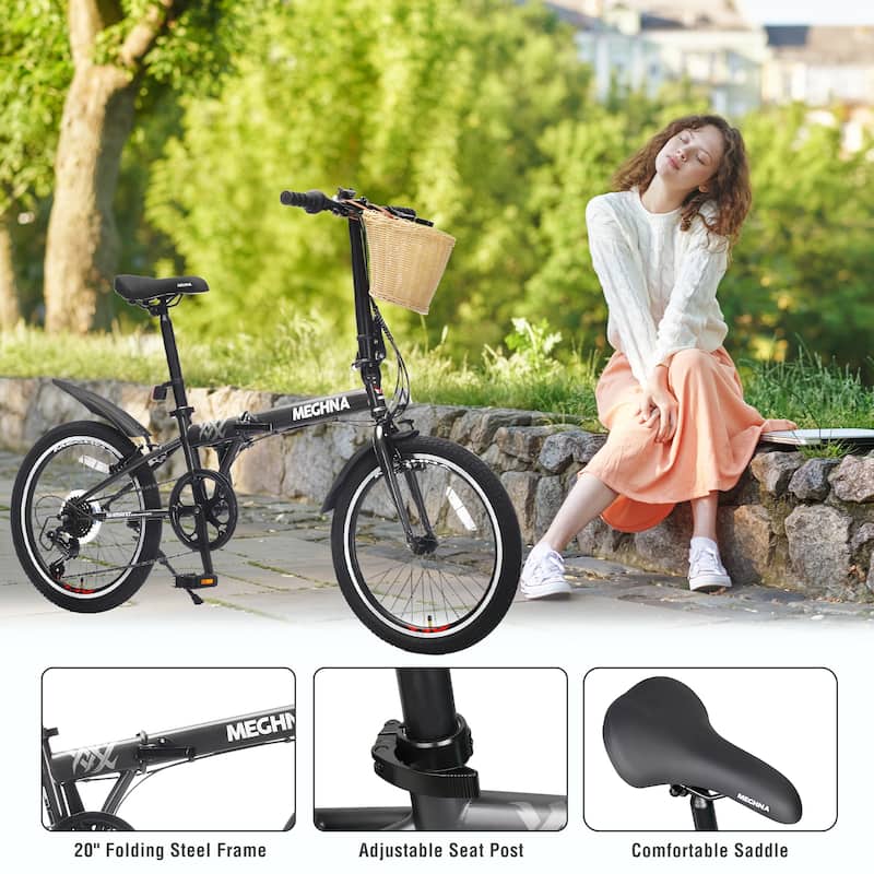 20 Inch Folding Bike for Adults with Basket,Phone Holder & Fenders,Steel Frame 6-Speed City Commuter, Dual V-Brake Portable