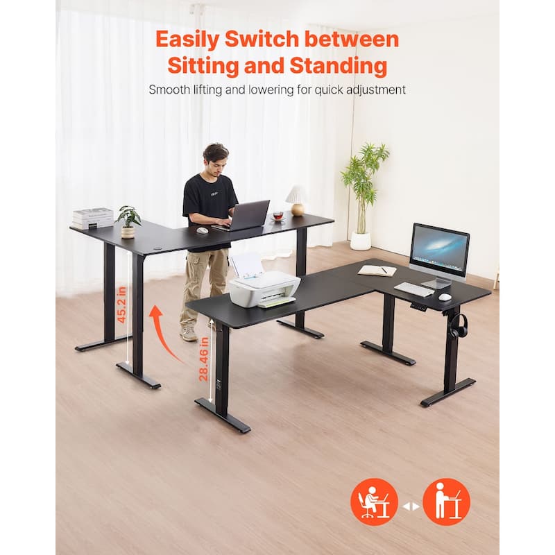 Black Particleboard and Carbon Steel L-Shaped Electric Desk with Height Adjustable Dual Motors
