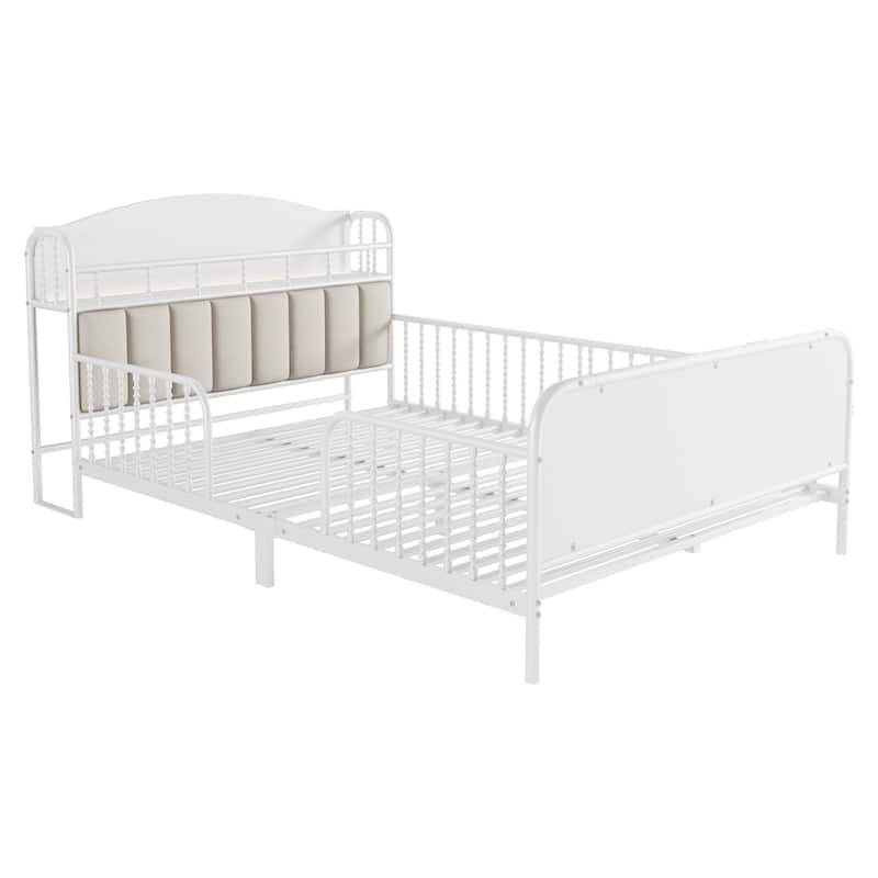 Kids Platform Bed Metal Frame with Linen Fabric Upholstered Storage Headboard Built-in Light Strip, Both Sides Rails