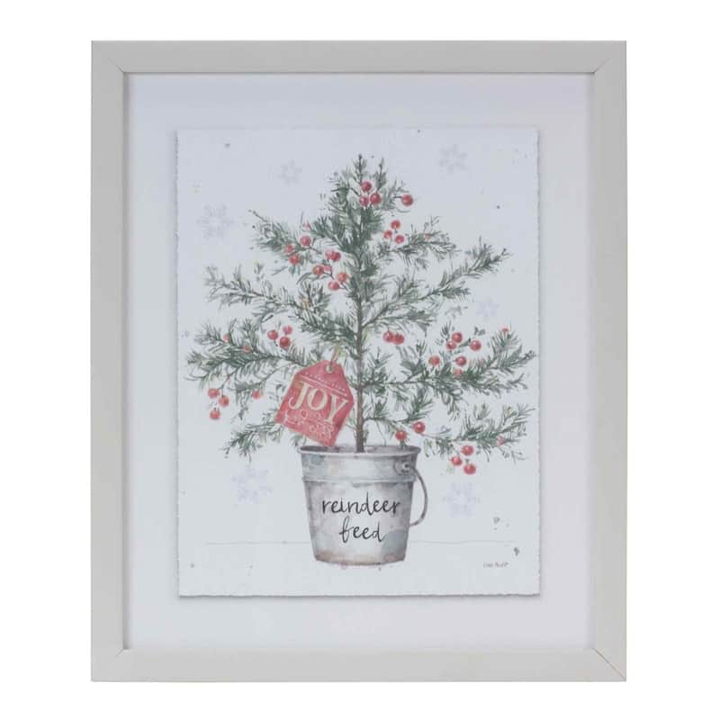 2 White & Green Potted Pine Tree Framed Christmas Wall Art, 10"x11.75"