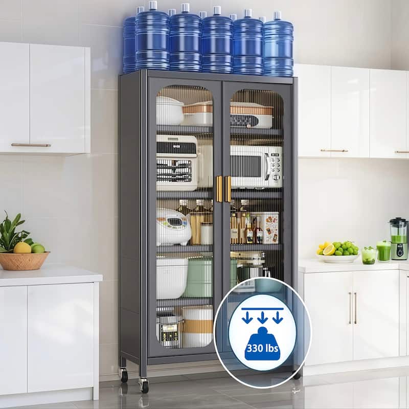 Anmytek 65" Gray Freestanding Kitchen Pantry Cabinet with Wheels, Adjustable Shelves and Transparent Doors