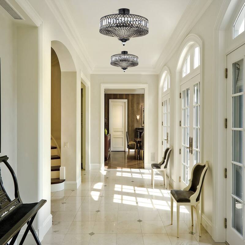 6 Light Matte Black Crystal Semi Flush Mount Ceiling Light Fixture - W19.6"