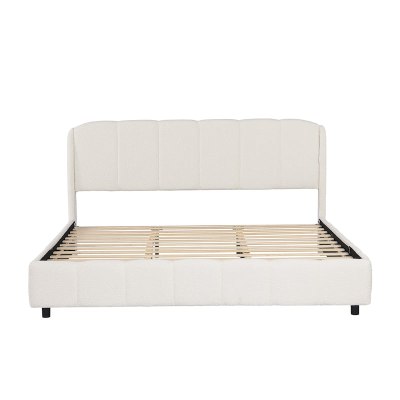 Boucle Fabric Upholstered Bed Frame with Curveshaped Thick Headboard, Soft Fluffy Wingback Bed, Beige Low Profile Platform Bed