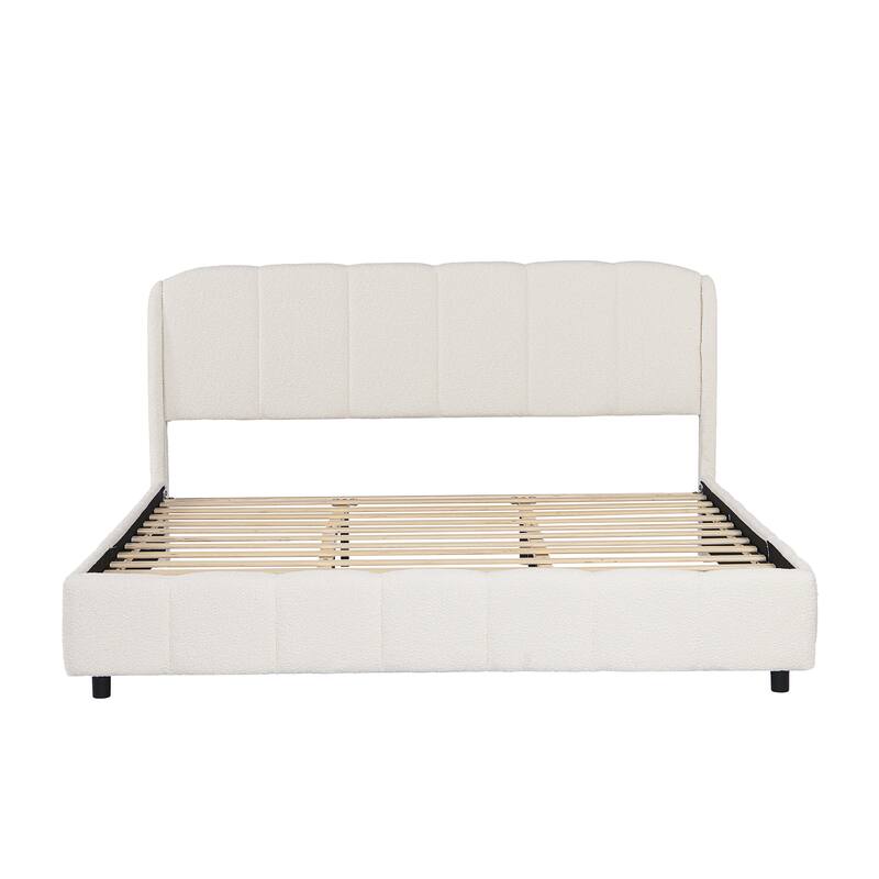 Roomfitters King Size Boucle Upholstered Platform Bed with Curved Headboard and Soft Rounded Frame, Beige