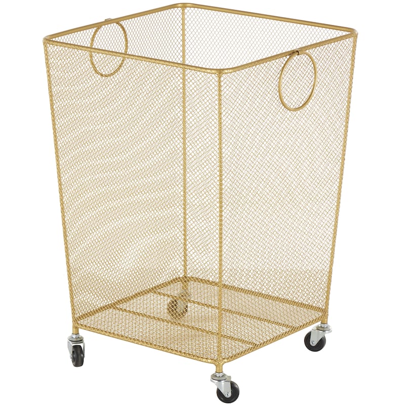 Metal Square Mesh Wire Rolling Laundry Storage Cart with Ring Handles - Black or Gold - Roche River Decor - Gold