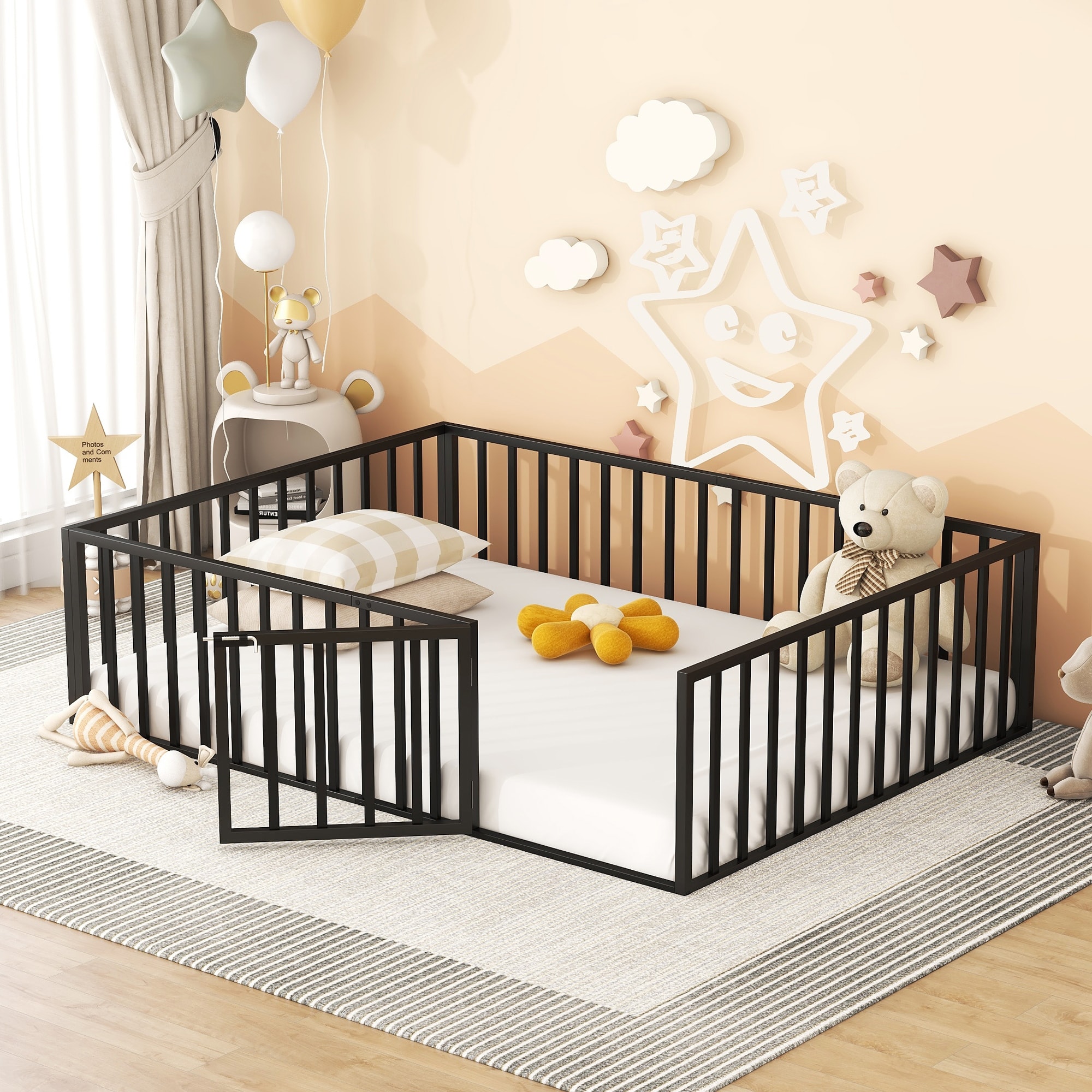 Queen Size Metal Floor Bed Frame with Fence and Door for Home Office