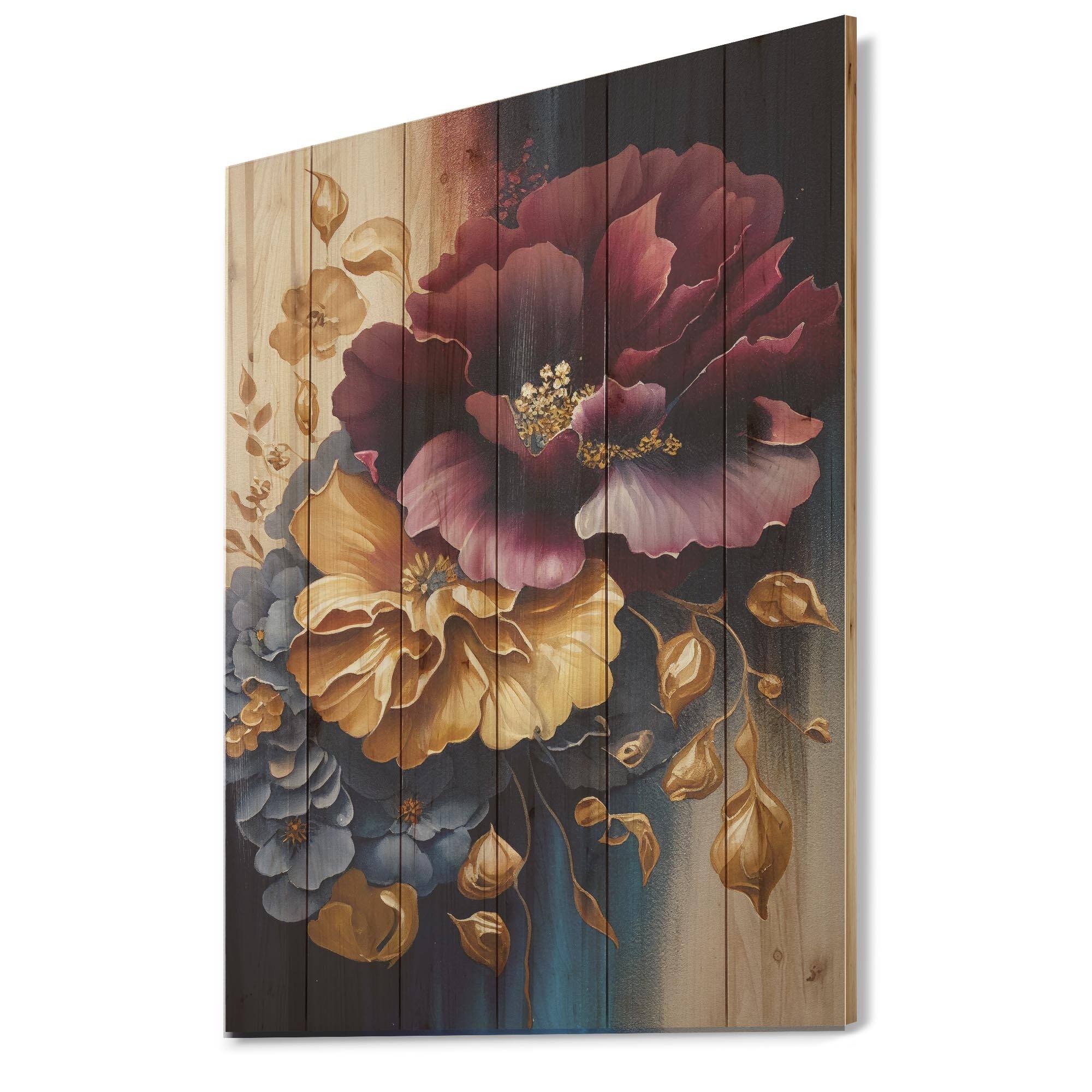 Designart 'Burgundy And Blue Floral Bunch II' Floral Wood Wall Art