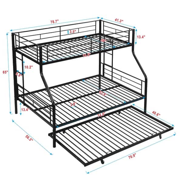 Durable Twin Over Full Metal Bunk Bed with Trundle, Quiet Sturdy Frame, Easy Setup, and Under-Bed Storage Space