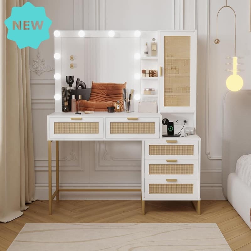 Makeup Vanity Desk with LED Lighted Mirror, USB, Power Outlets, 5 Drawers, 3 Shelves - Beige