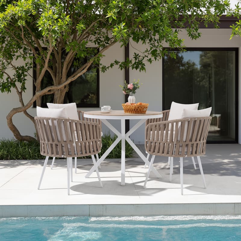 Acacia Wood Outdoor Dining Set - Round Table with 4 Metal Frame Rope Chairs