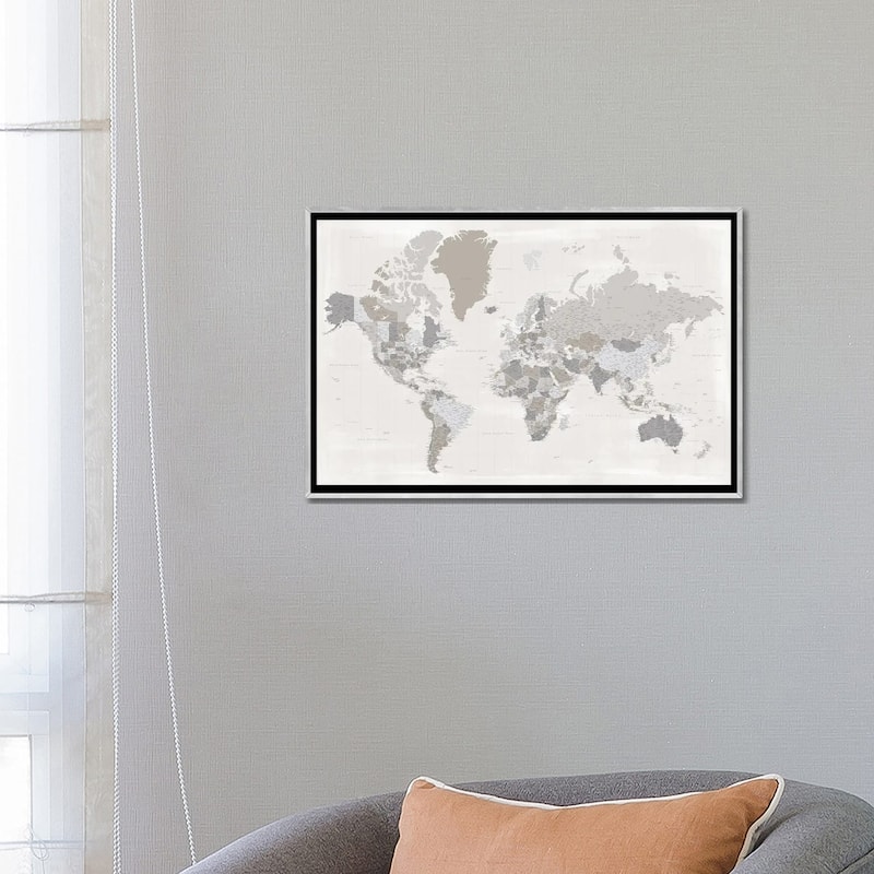 iCanvas "Highly Detailed World Map In Taupe, Donah" by blursbyai Framed