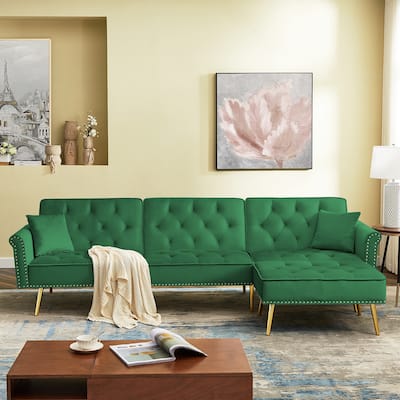 Velvet Upholstered Reversible Sectional Sofa Bed, L-shaped Couch with Movable Ottoman
