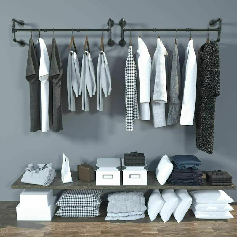 Industrial Pipe Clothes Rack Wall Mounted Hanging Rod Rail Garment - Black