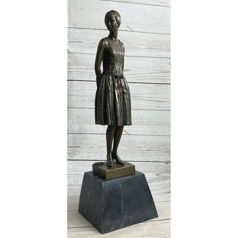 Young Woman In Dress With Short Hair Bronze Figure Statue Sculpture On Marble Base