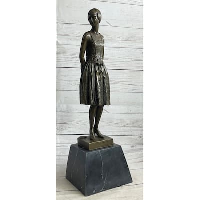 Young Woman In Dress With Short Hair Bronze Figure Statue Sculpture On Marble Base