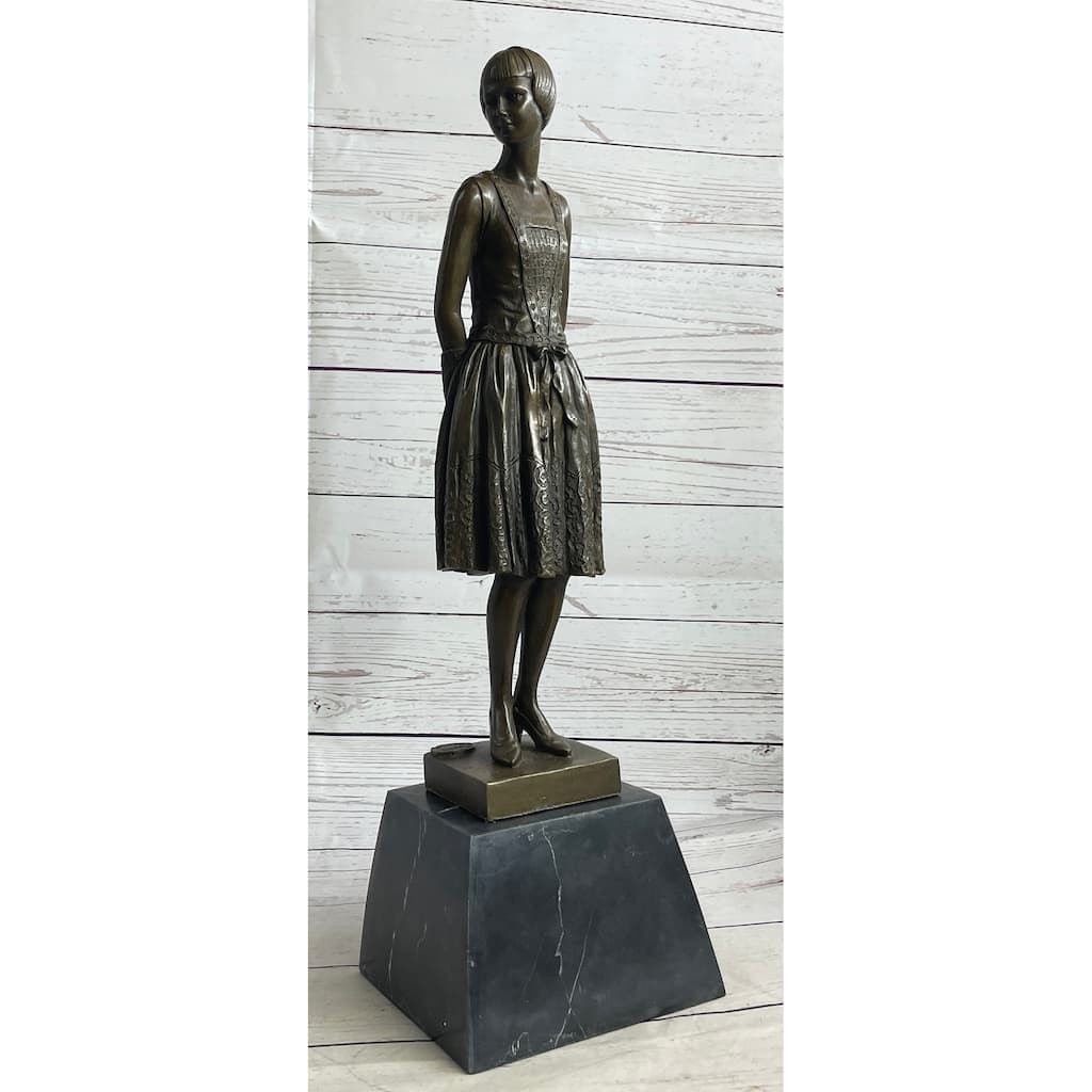 Young Woman In Dress With Short Hair Bronze Figure Statue Sculpture On Marble Base