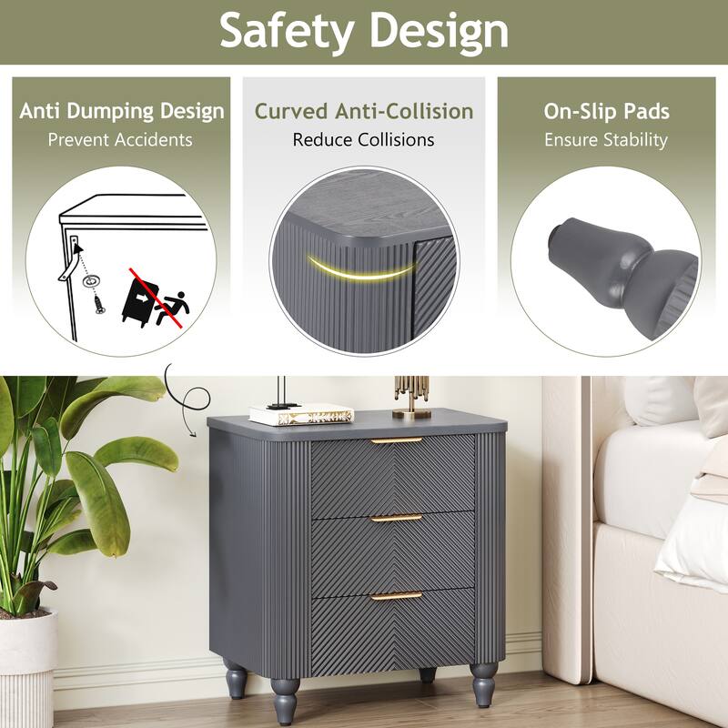 Dark Gray Bedside Table End Table Side Table with 3 Drawers, Storage Cabinet Corner Table Lamp Table