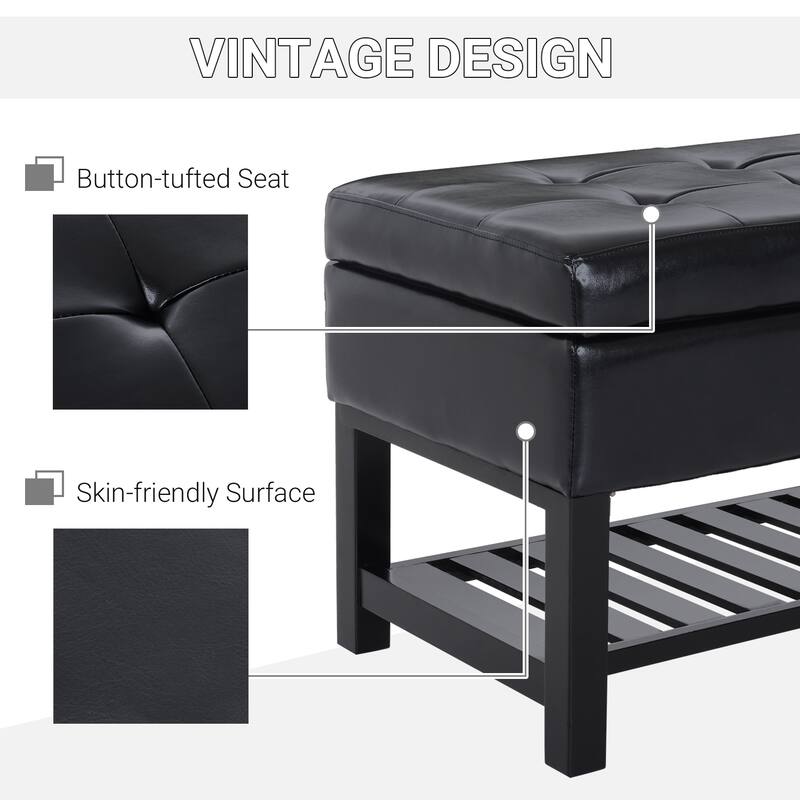 44" Tufted Faux Leather Ottoman Storage Bench With Shoe Rack - No Drawers - Black
