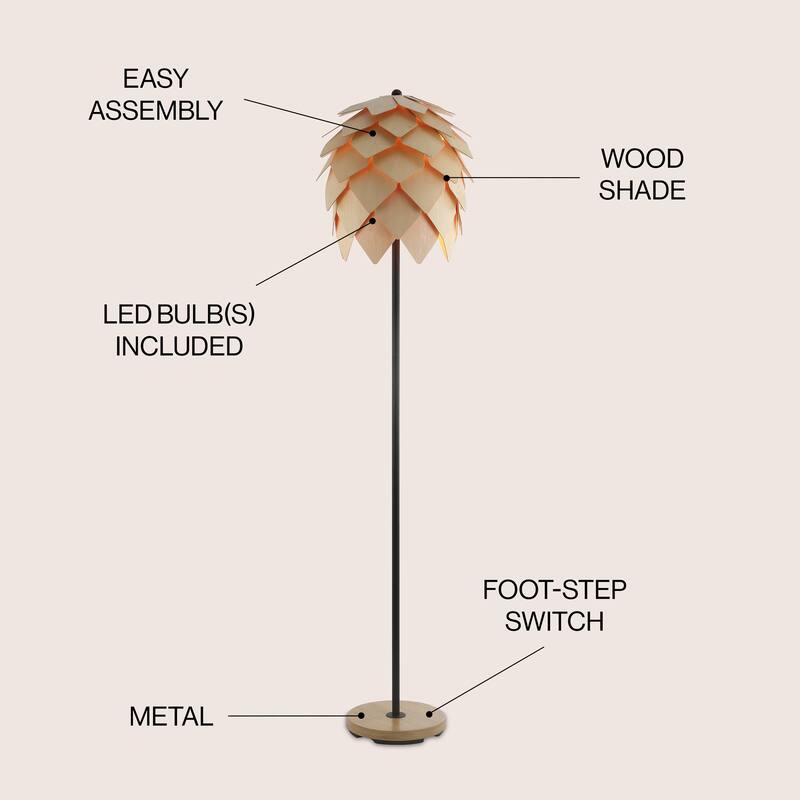 Colin 63" Pinecone Wood/Metal LED Floor Lamp, Natural/Black by JONATHAN Y