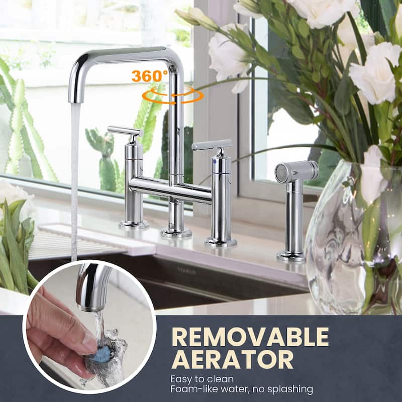 WOWOW Double Handle Bridge Kitchen Faucet with Side Sprayer