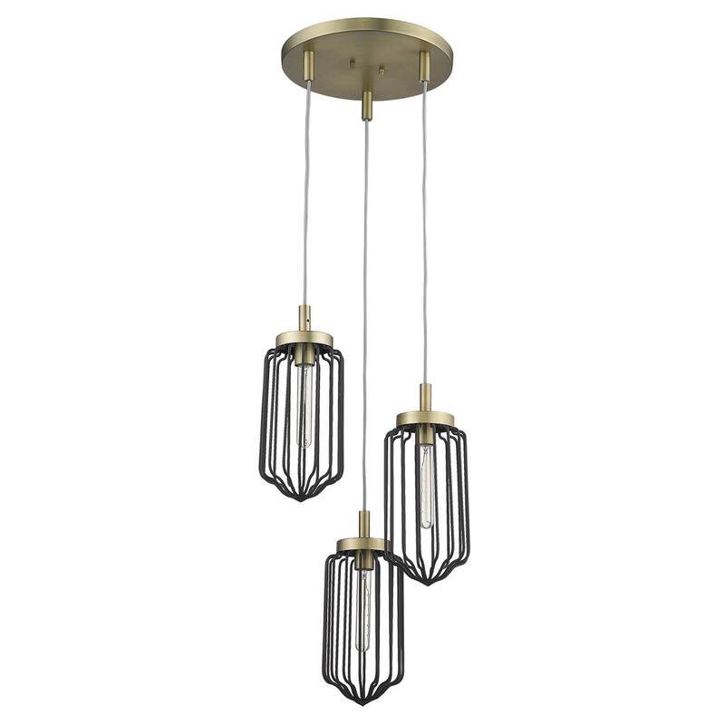 HomeRoots Gold Caged Three Light Metal Dimmable Chandelier With Black Shades - 16.75' X '15' X '16.75