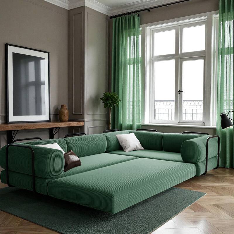 115" L-Shaped Modular Corduroy Sofa Bed with Adjustable Cushions, Modern Sleeper Couch for Living Room & Apartment