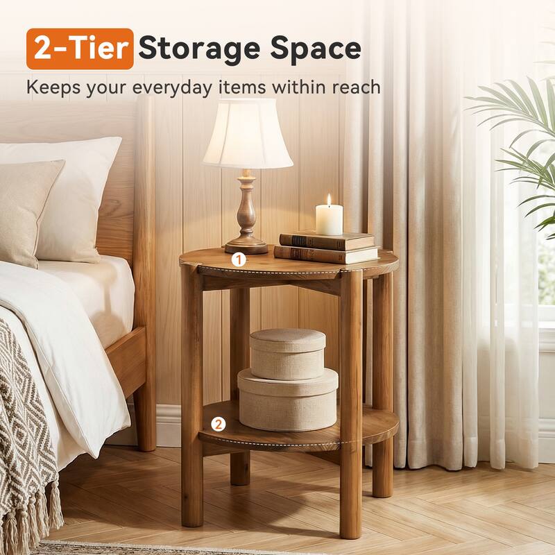 2 Tier Solid Wood Round Side Table, Farmhouse End Table with Storage Shelves